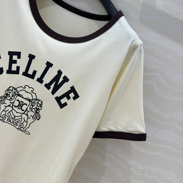 Celine 25 Arc de Triomphe Letter Short Sleeve T-shirt Cream mix Black Cotton