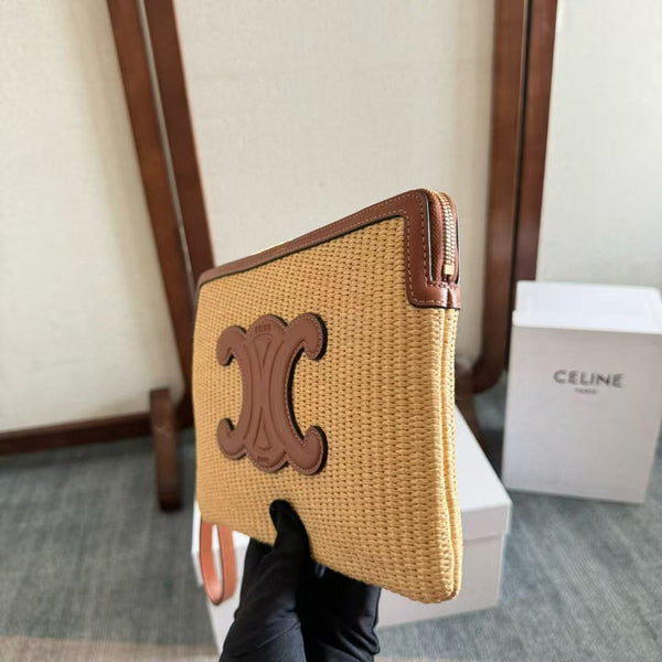 CELINE SMALL POUCH BEIGE BROWN RAFFIA CALFSKIN