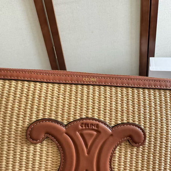 CELINE SMALL POUCH BEIGE BROWN RAFFIA CALFSKIN