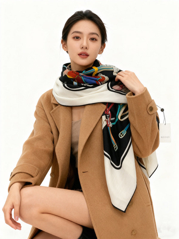 GG Horsebit 135CM Black Colorful Cashmere Silk 275259