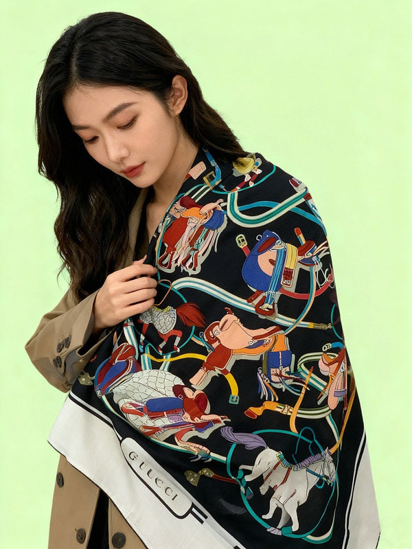 GG Horsebit 135CM Black Colorful Cashmere Silk 275259