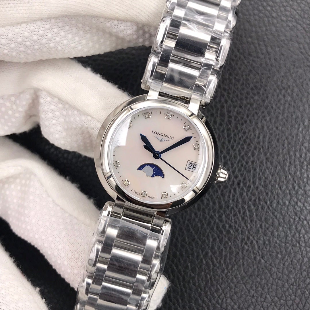 PRIMALUNA 30MM QUARTZ SILVER-STONE PINK MOTHER OF PEARL DIAL
