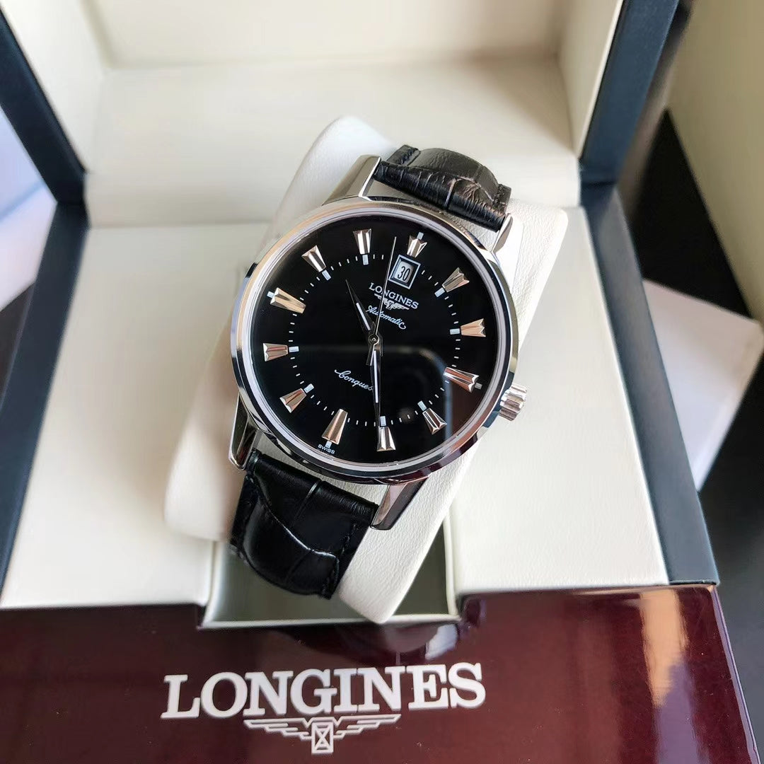 CONQUEST STEEL CASE BLACK DIAL GOLD NUMERALS