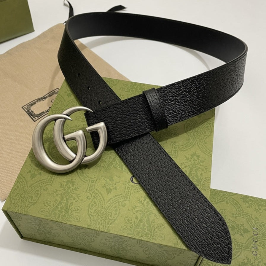 DOUBLE G SILVER BUCKLE 40MM BLACK LEATHER