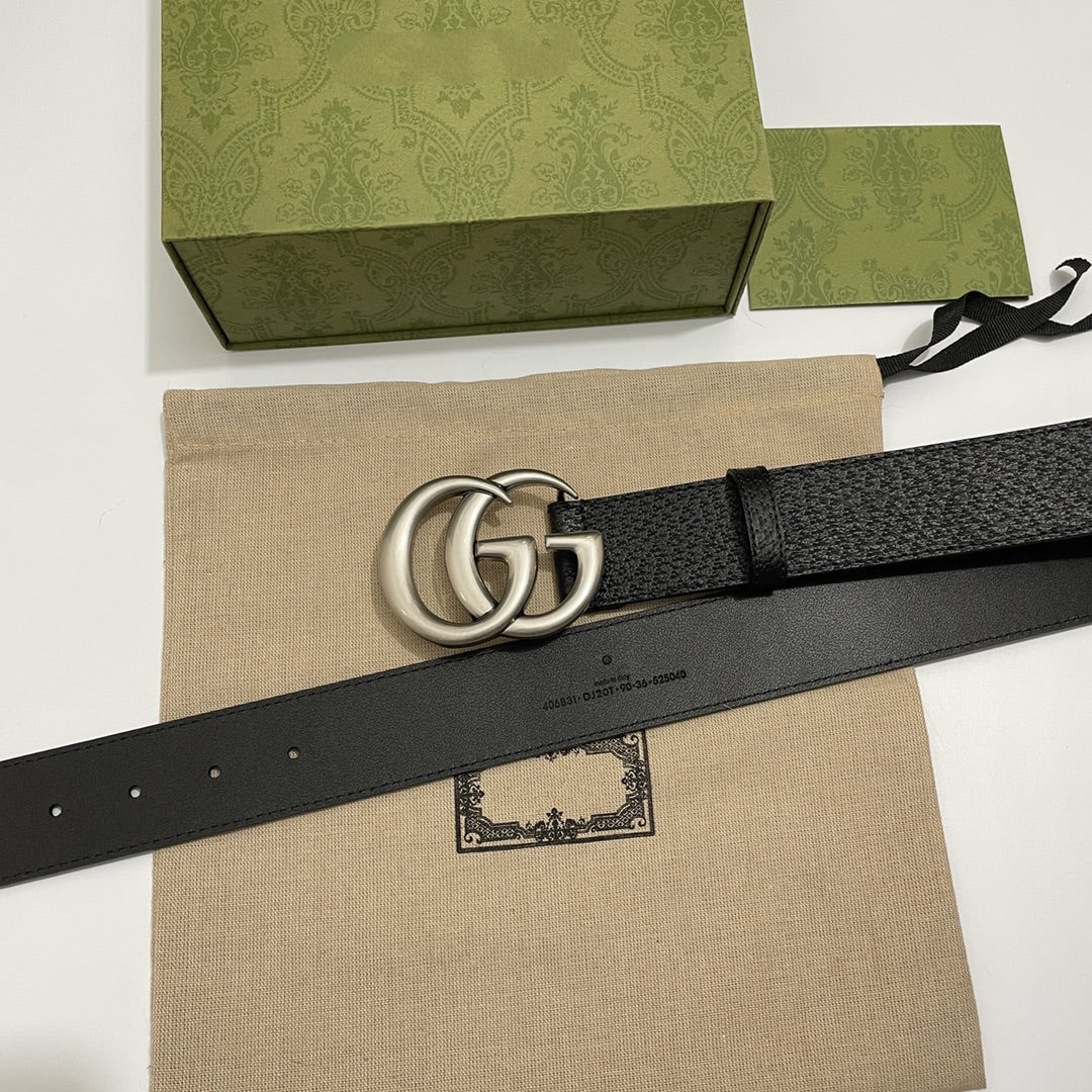 DOUBLE G SILVER BUCKLE 40MM BLACK LEATHER