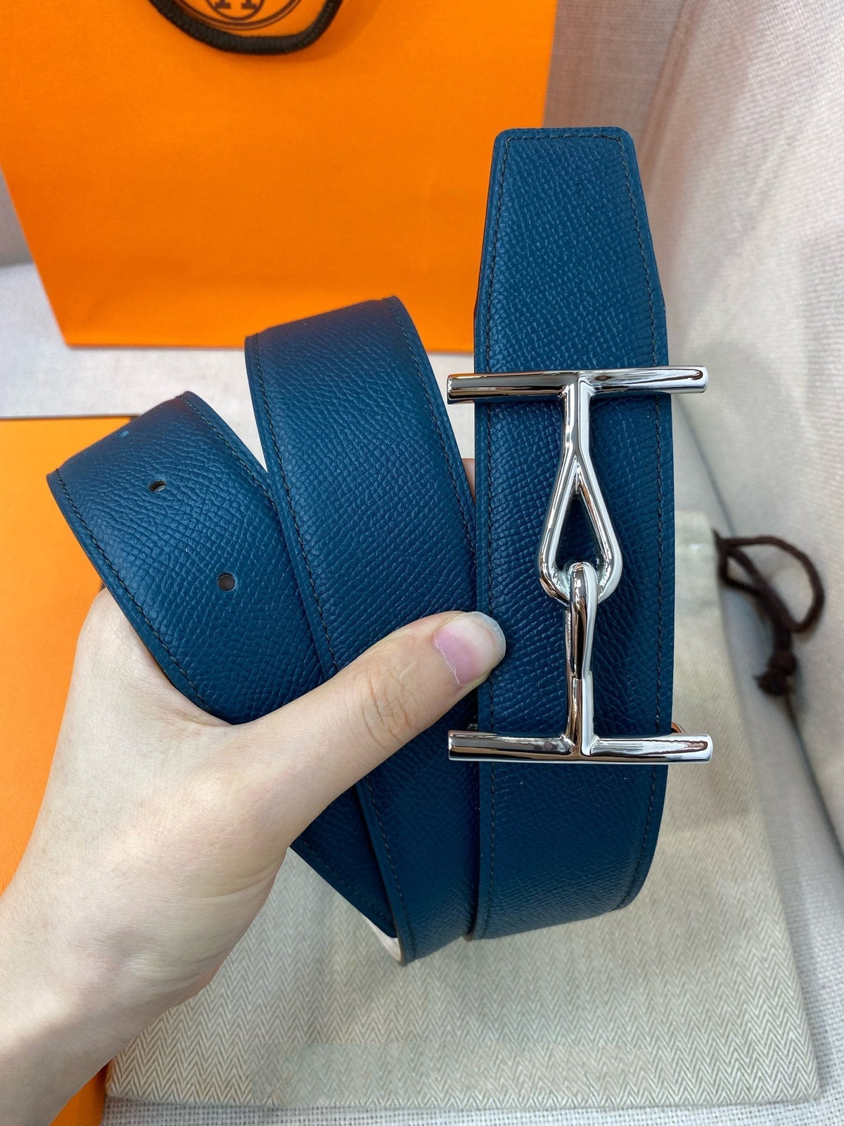 H JUMBO BELT 38MM SILVER BUCKLE BLUE WHITE LEATHER