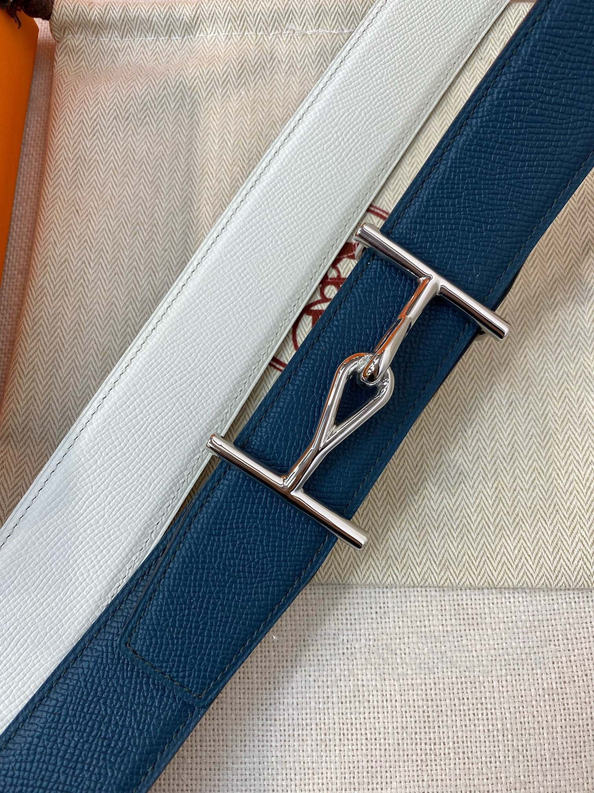 H JUMBO BELT 38MM SILVER BUCKLE BLUE WHITE LEATHER