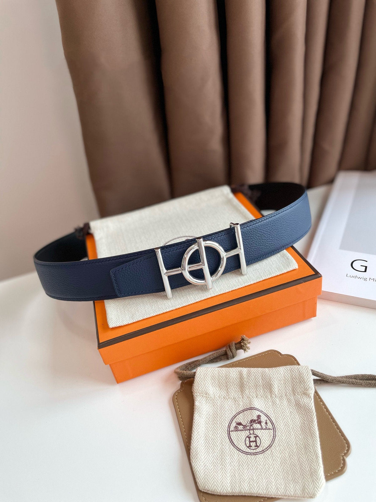 H ULYSSE BELT 38MM SILVER BUCKLE BLACK BLUE LEATHER