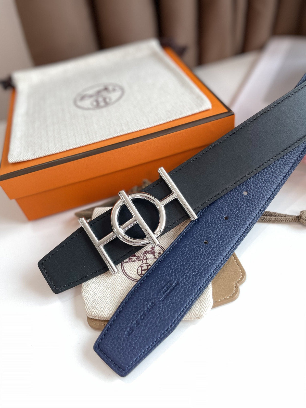 H ULYSSE BELT 38MM SILVER BUCKLE BLACK BLUE LEATHER