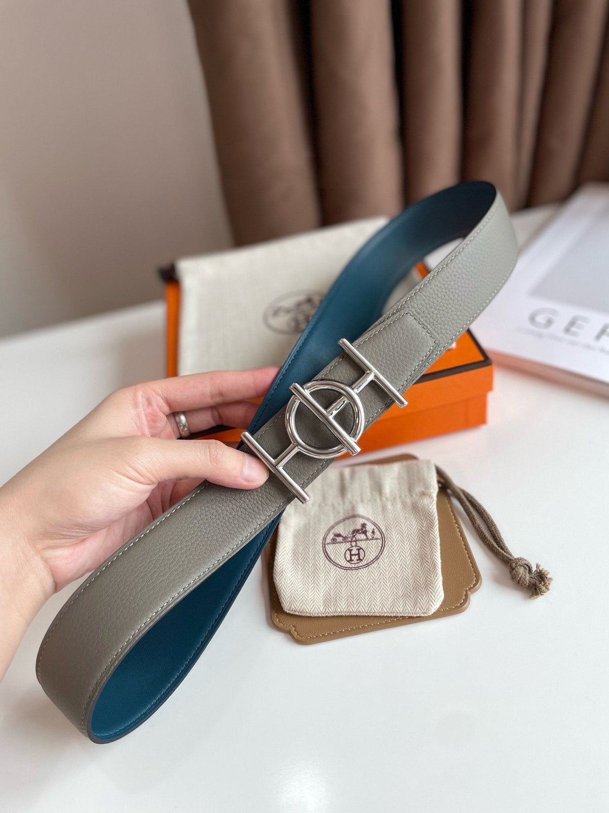 H ULYSSE BELT 38MM SILVER BUCKLE BLUE GREY LEATHER