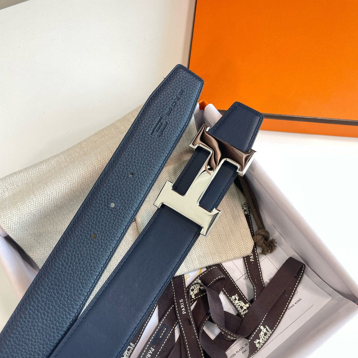 H CONTANCE BELT 38MM SILVER BUCKLE BLUE LEATHER