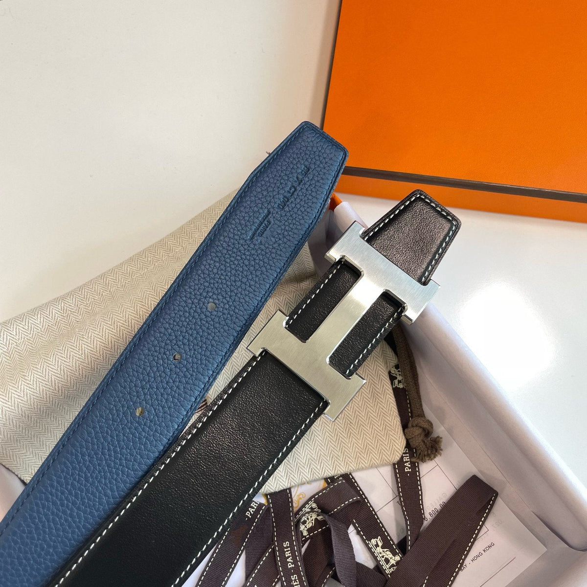 H CONTANCE BELT 38MM SILVER BUCKLE BLACK BLUE LEATHER