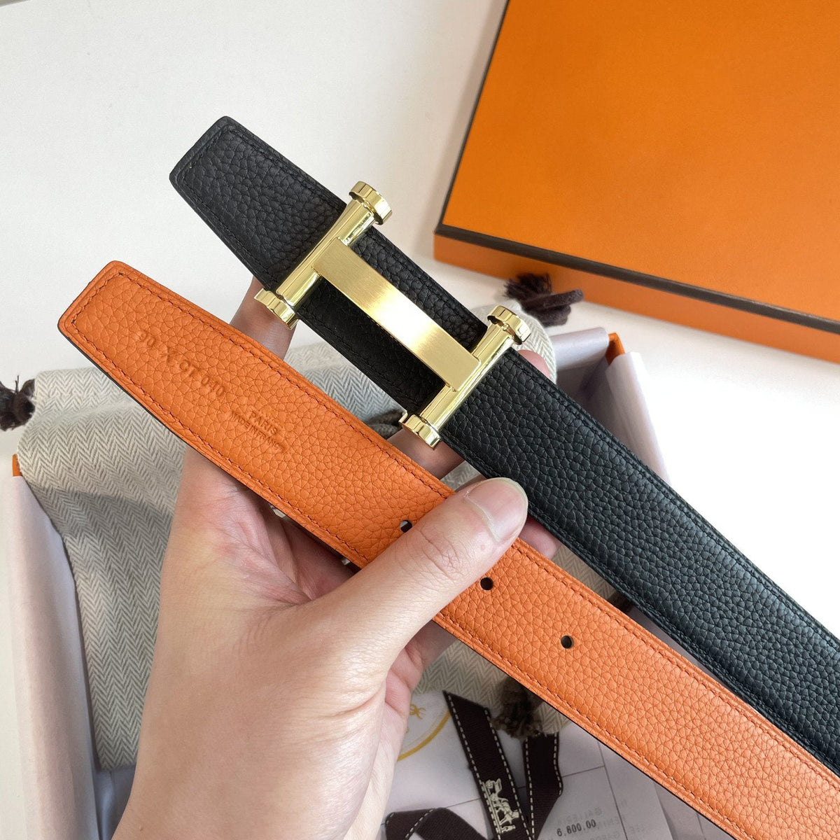 H AGORA BELT 32MM BLACK ORANGE LEATHER