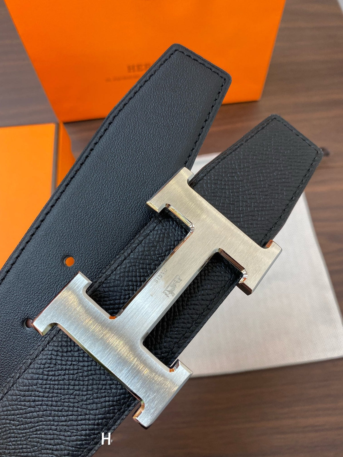 H CONTANCE BELT 38MM SILVER BUCKLE BLACK LEATHER