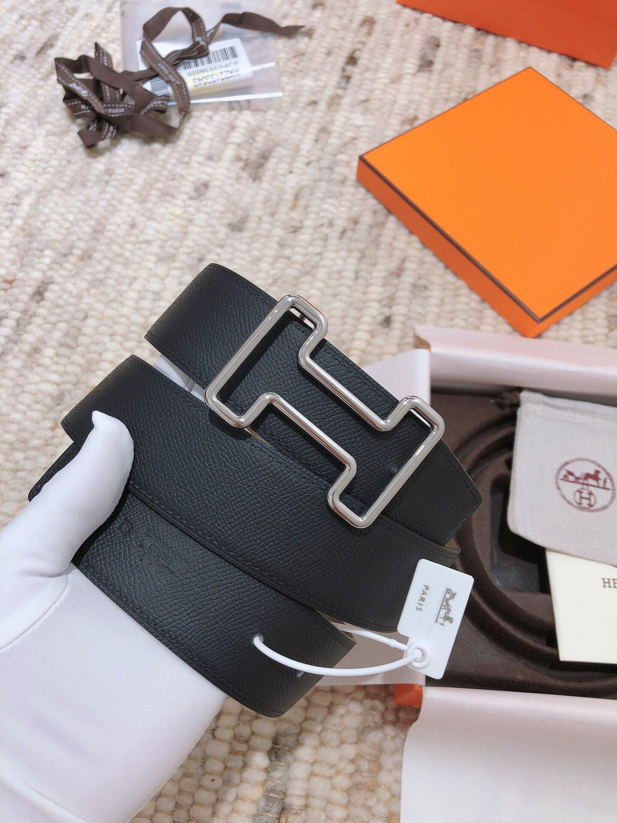 H TONIGHT BELT 38MM BLACK GREEN GREY LEATHER