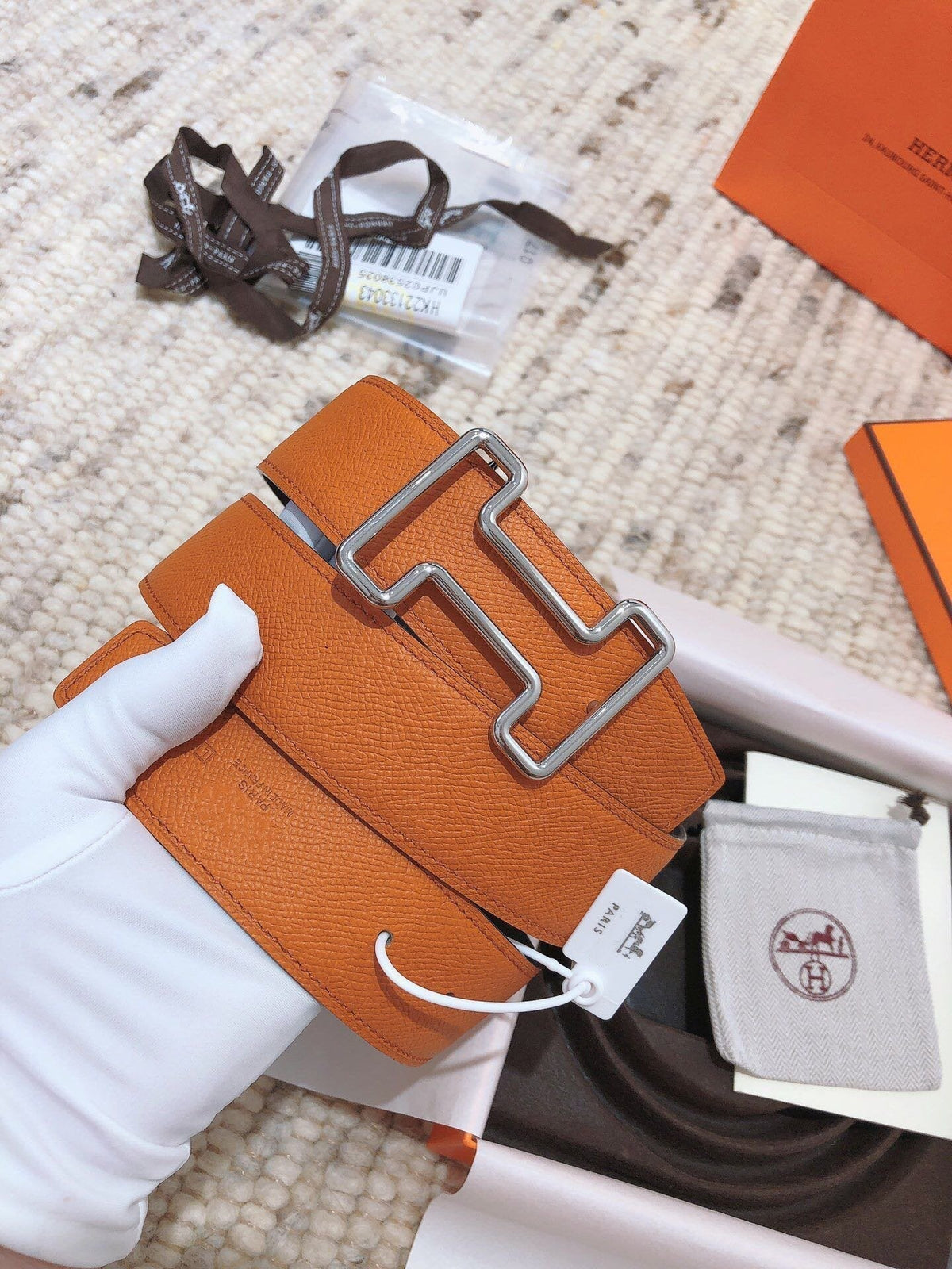 H TONIGHT BELT 38MM ORANGE BLACK LEATHER