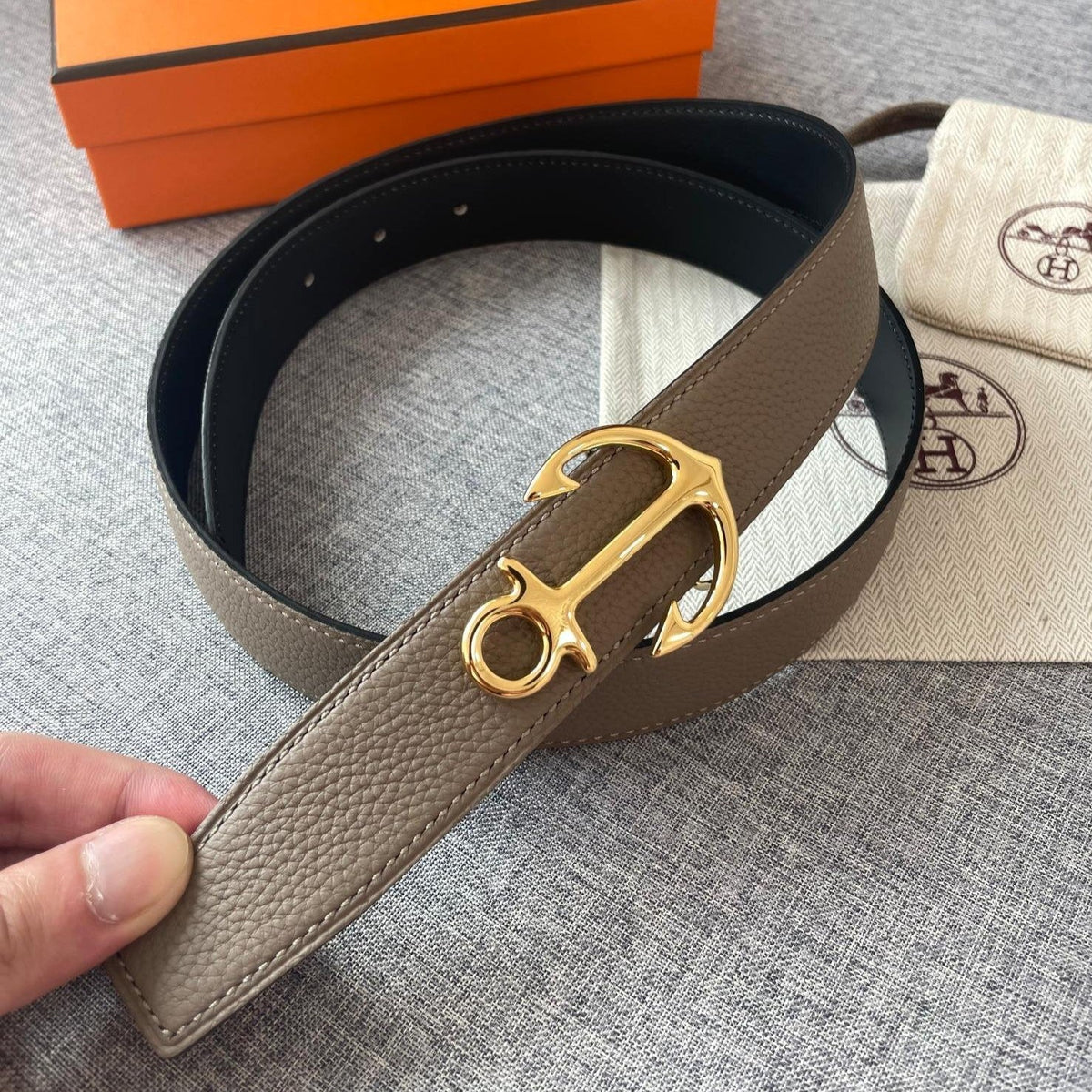 H CARGO BELT 32MM TIN GREY BLACK LEATHER