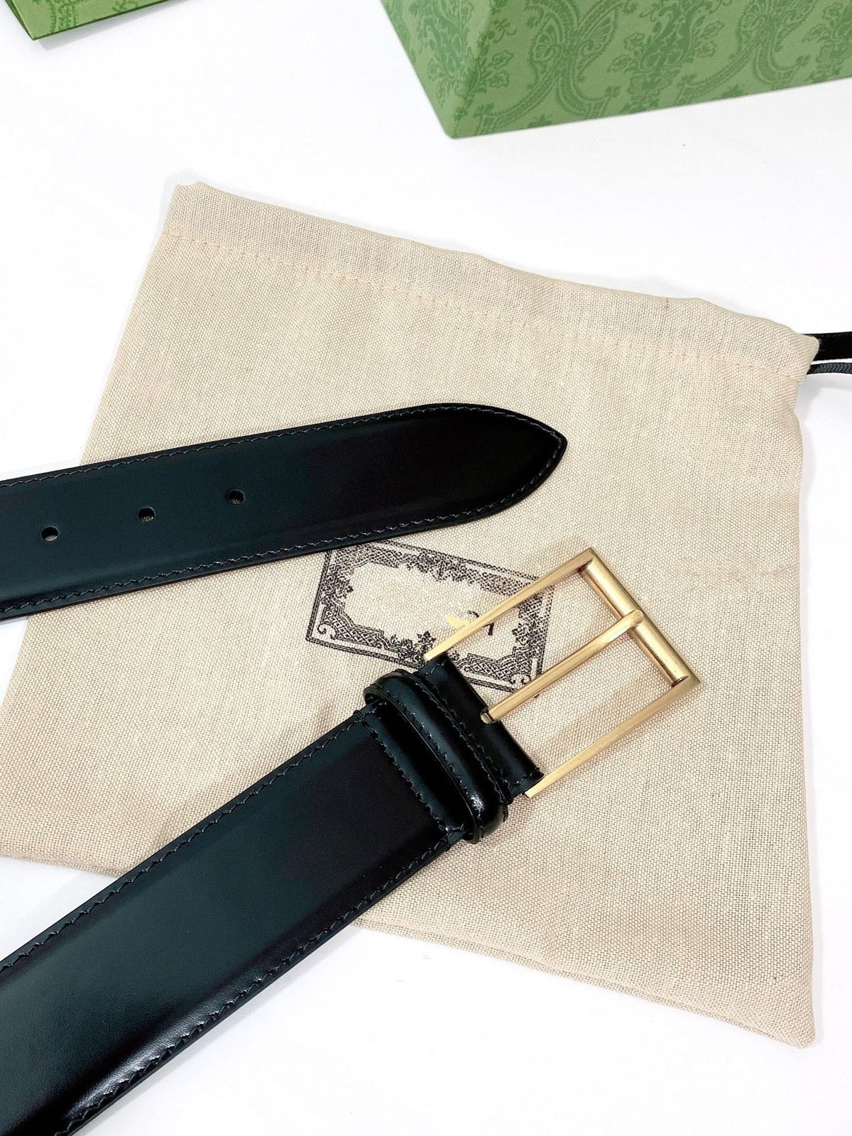 G BELT GOLD SQUARE INSTALL BUCKLE BLACK LEATHER 4.0CM