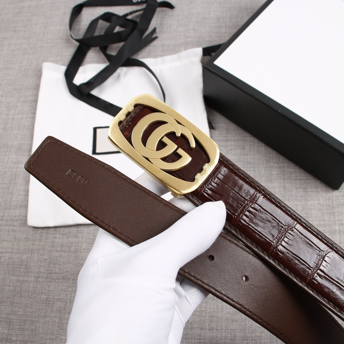 G BELT GOLD BUCKLE CROCODILE POLISHED BROWN  3.8CM