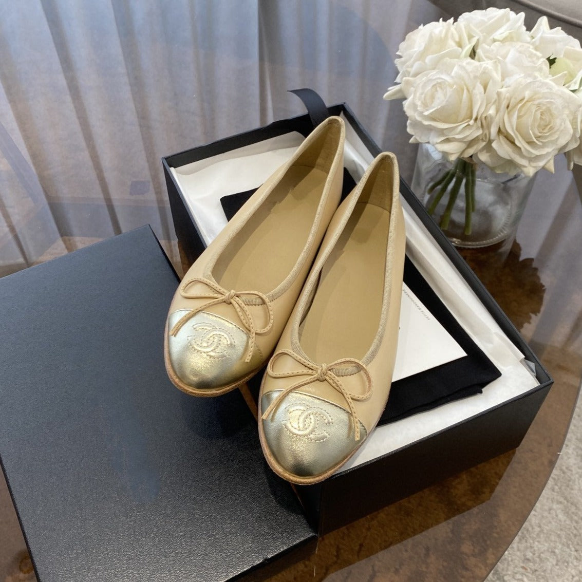 ballet flats beige gold lambskin canvas