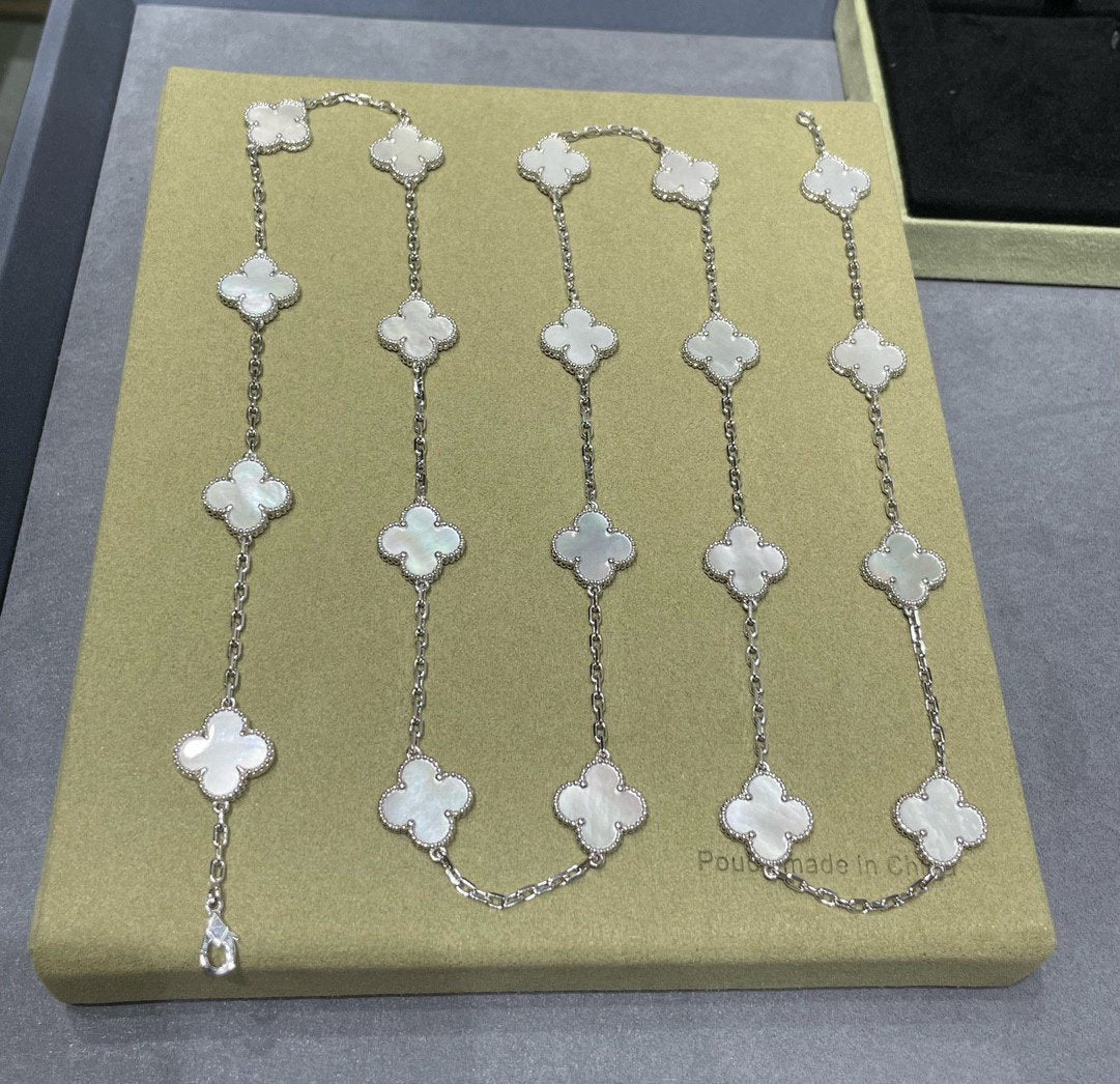 CLOVER 20 MOTIF WHITE MOP 86CM SILVER NECKLACE