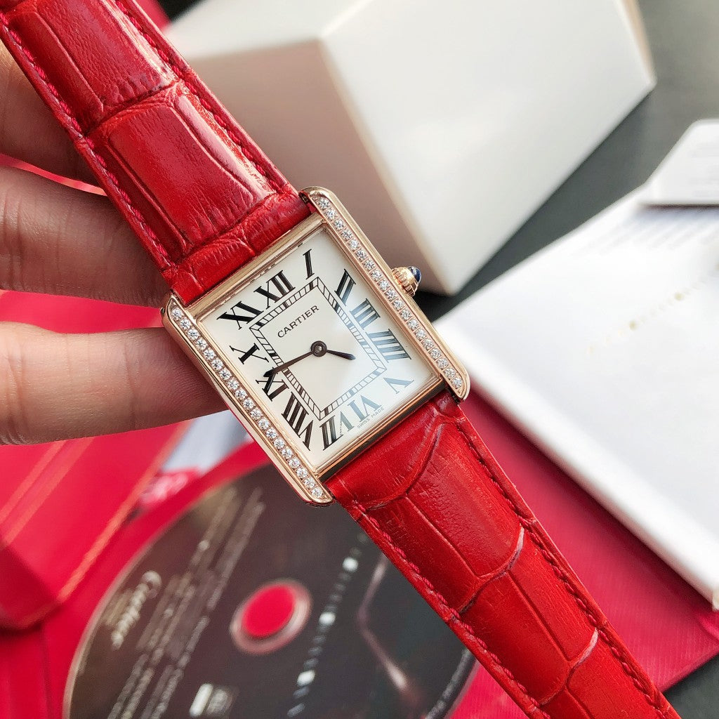 TANK SOLO PINK GOLD DIAMOND BEZEL RED LEATHER