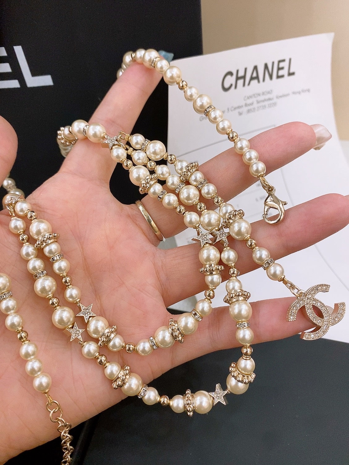 CHANEL Faux Pearl Chain Fancy Belt Gold Interlocking