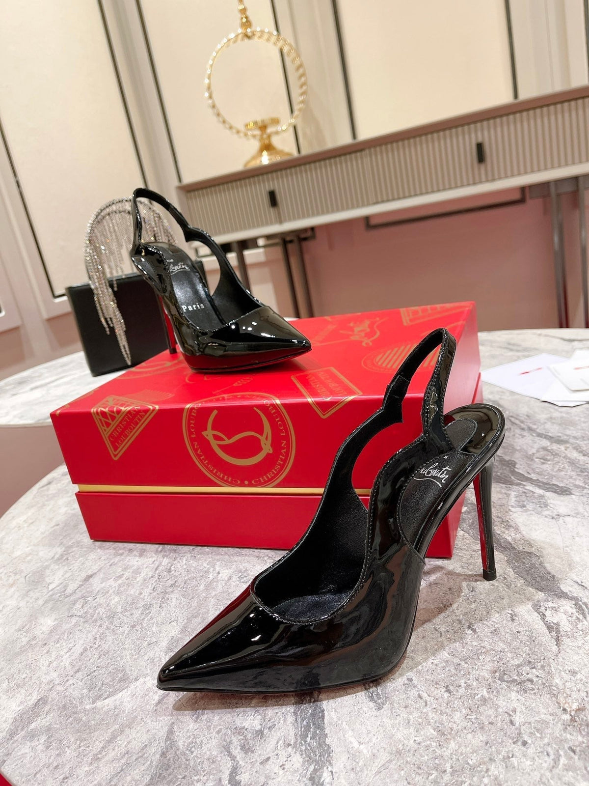 CL Hot Chick Sling 100 Mm Sling Back Pumps Patent Leather Black