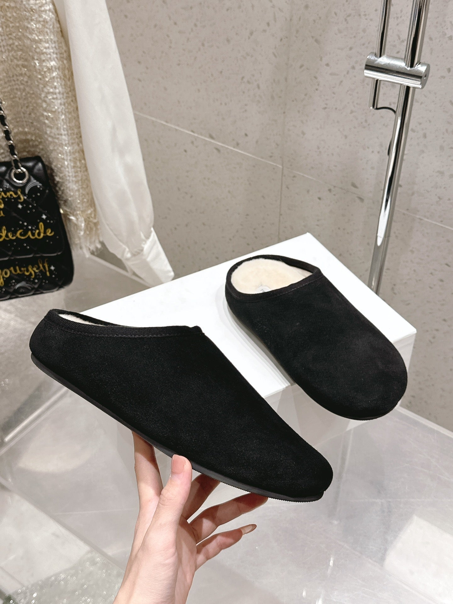 The Row Slipper Black White Cowhide Wool 402119