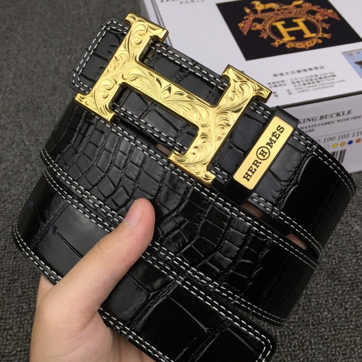 HM Belt 38mm Black Crocodile Embossed Gold Buckle Leather 619361