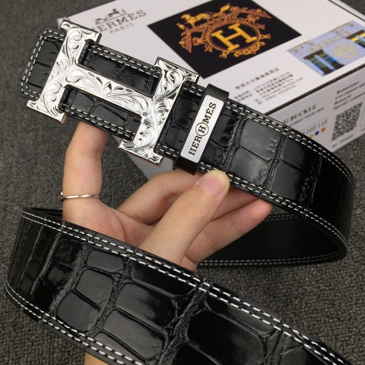 HM Belt 38mm Black Crocodile Embossed Silver Buckle Leather 619362