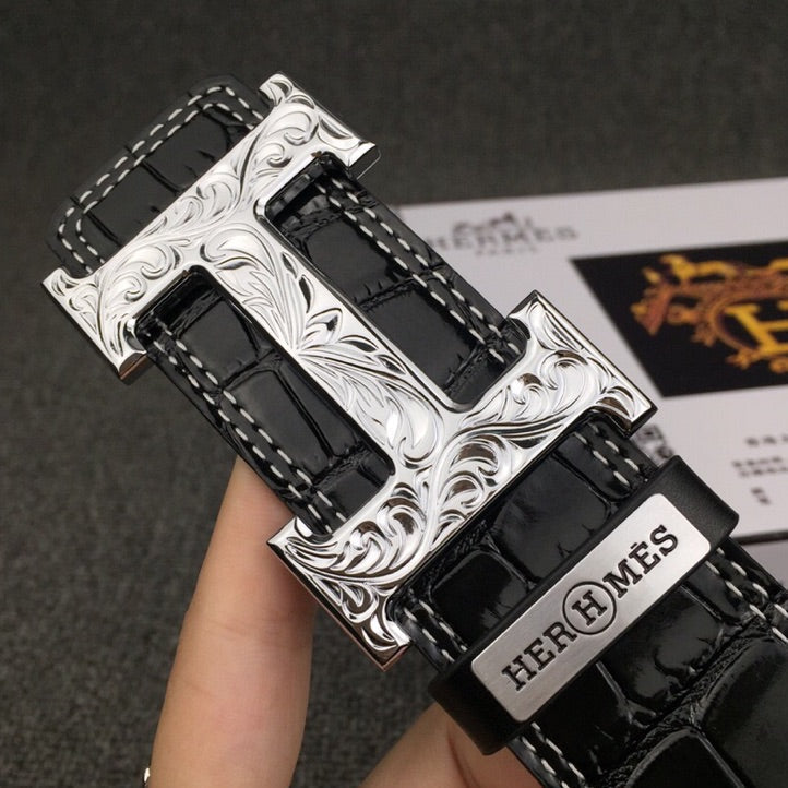 HM Belt 38mm Black Crocodile Embossed Silver Buckle Leather 619362