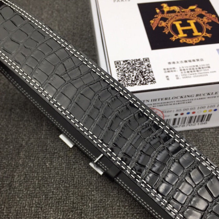 HM Belt 38mm Black Crocodile Embossed Silver Buckle Leather 619362
