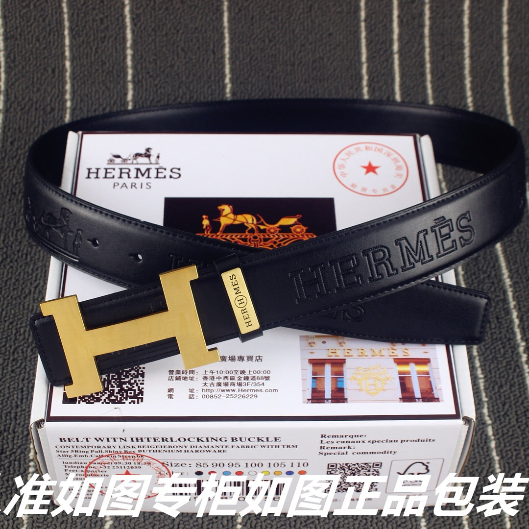 HM Constance Belt 38mm Black Calfskin Gold Buckle 619961