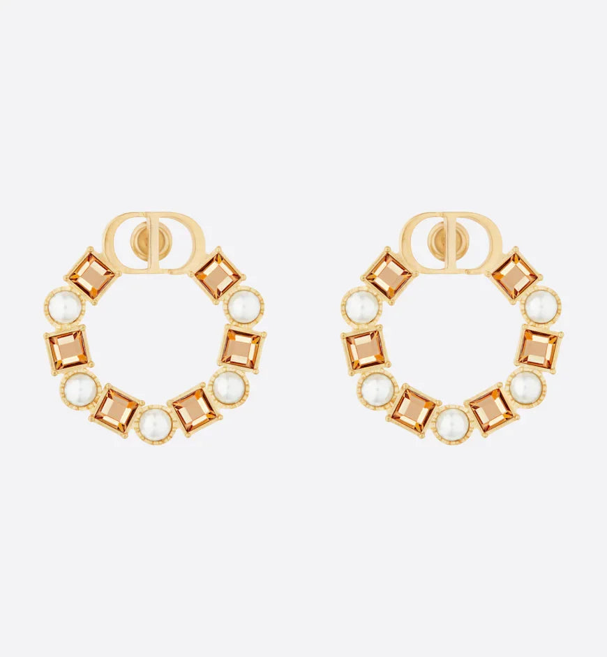 CD EARRINGS GOLD-FINISH METAL WITH RESIN PEARLS AND AMBER-COLORED CRYSTALS