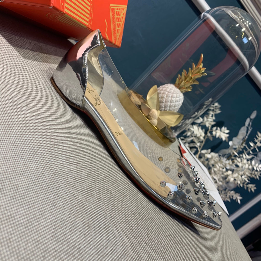CL Collaclou Spike Clear Flat Embellished Pvc and Metallic Leather Silver