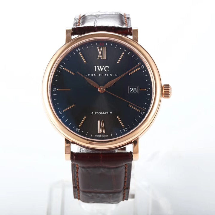 IWC Portofino 40mm Black Dial Pink Gold Case Brown Leather