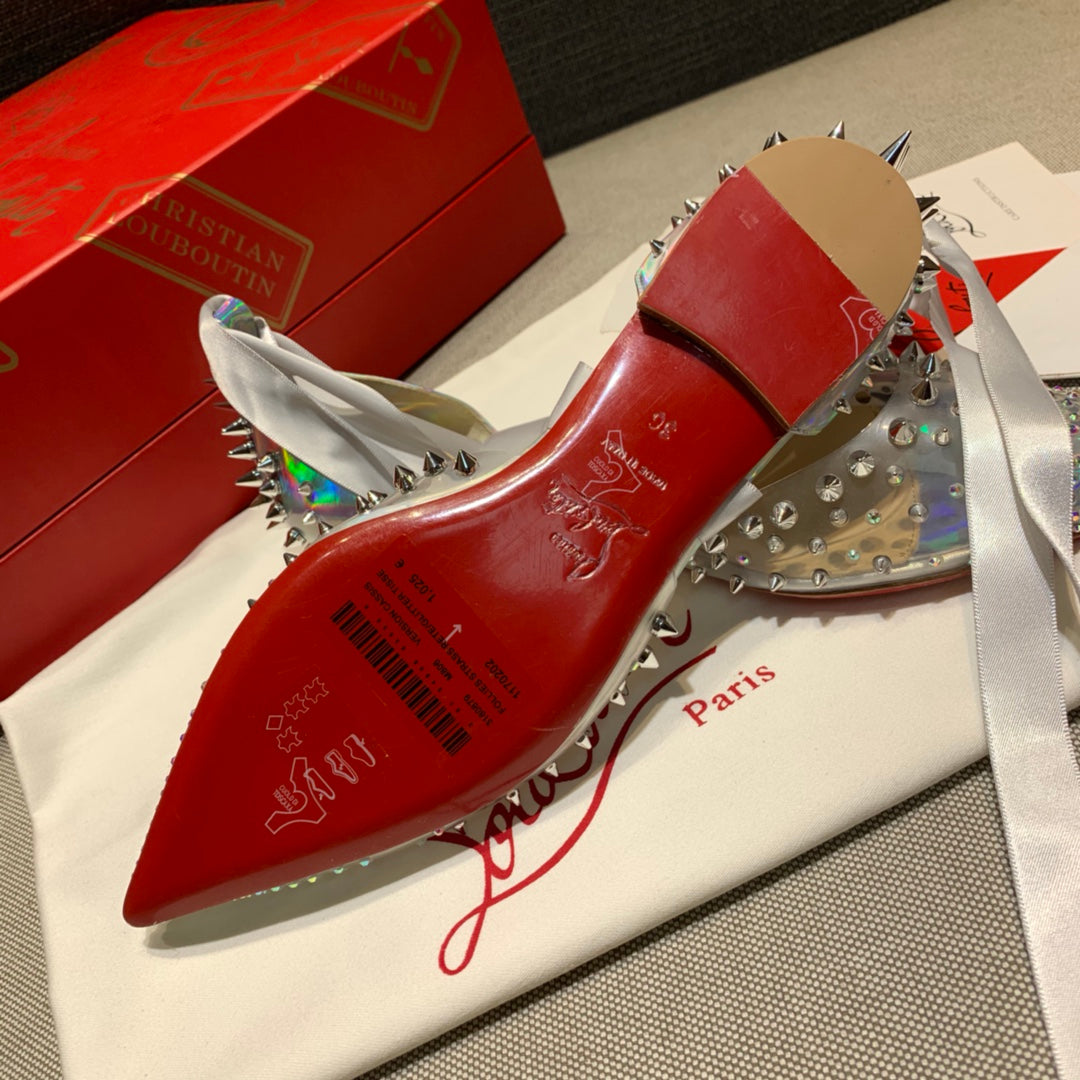 CL Mechante Reine Flats Spike Leather and PVC Silver