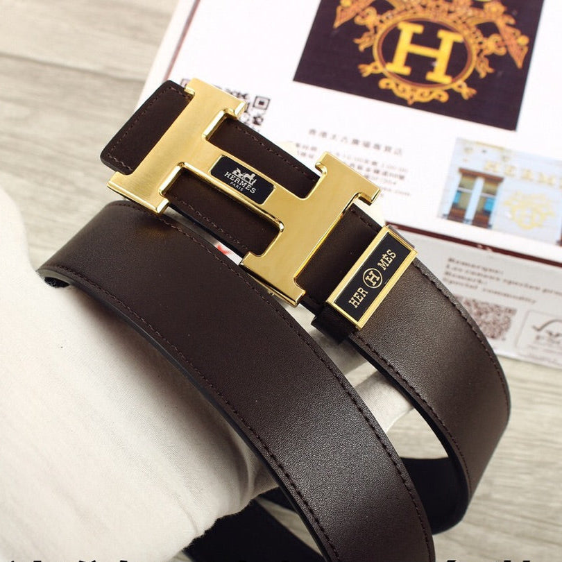 HM Double-sided Belt 38mm Black Cowhide Gold Buckle 620361
