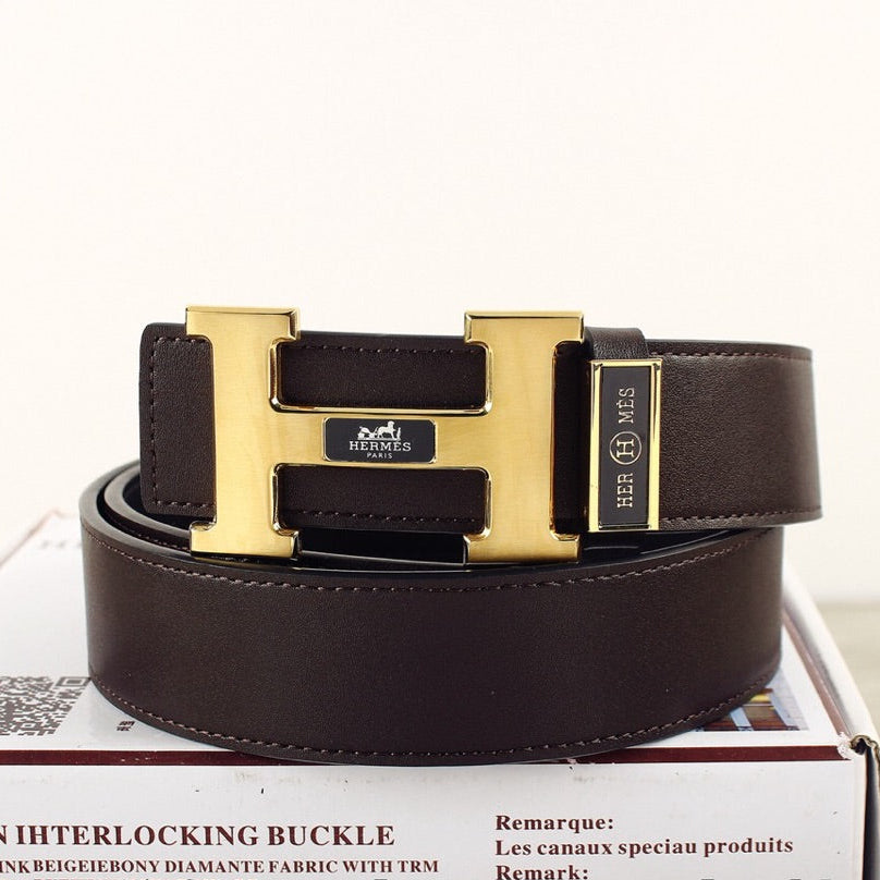 HM Double-sided Belt 38mm Black Cowhide Gold Buckle 620361
