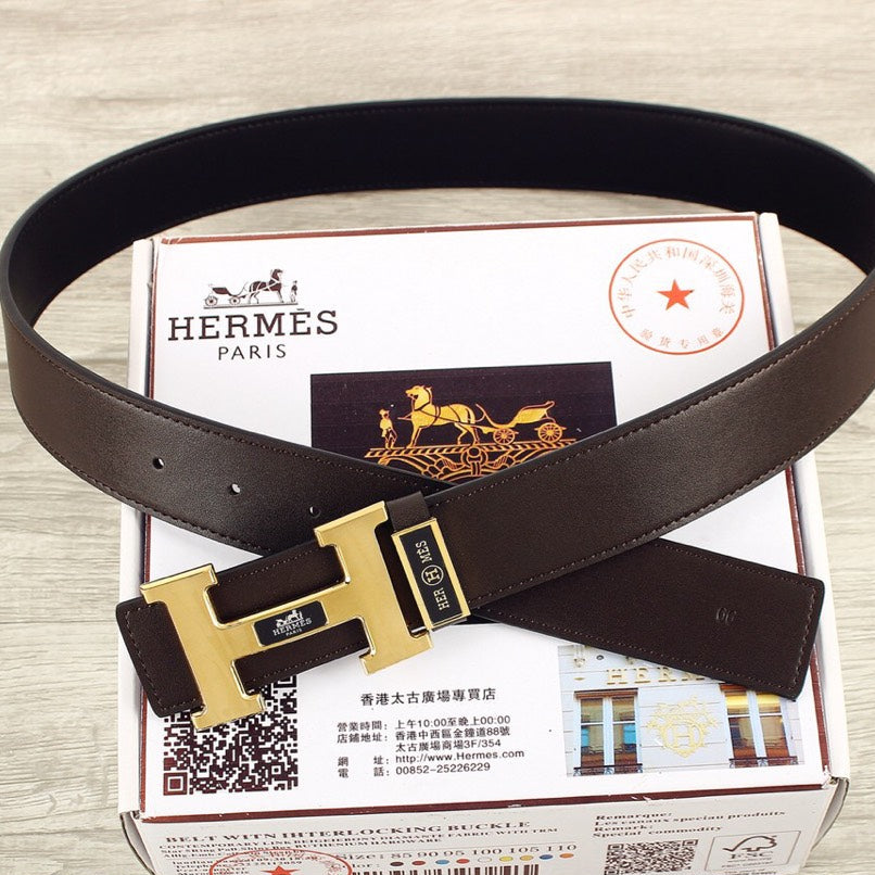 HM Double-sided Belt 38mm Black Cowhide Gold Buckle 620361