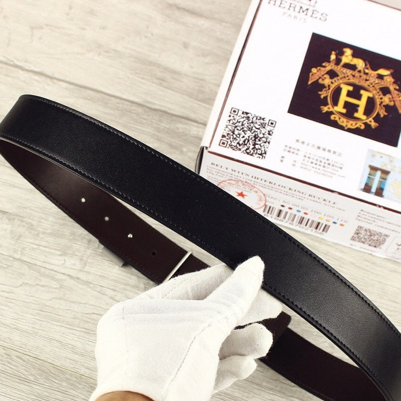 HM Double-sided Belt 38mm Black Cowhide  Sliver Buckle 620362