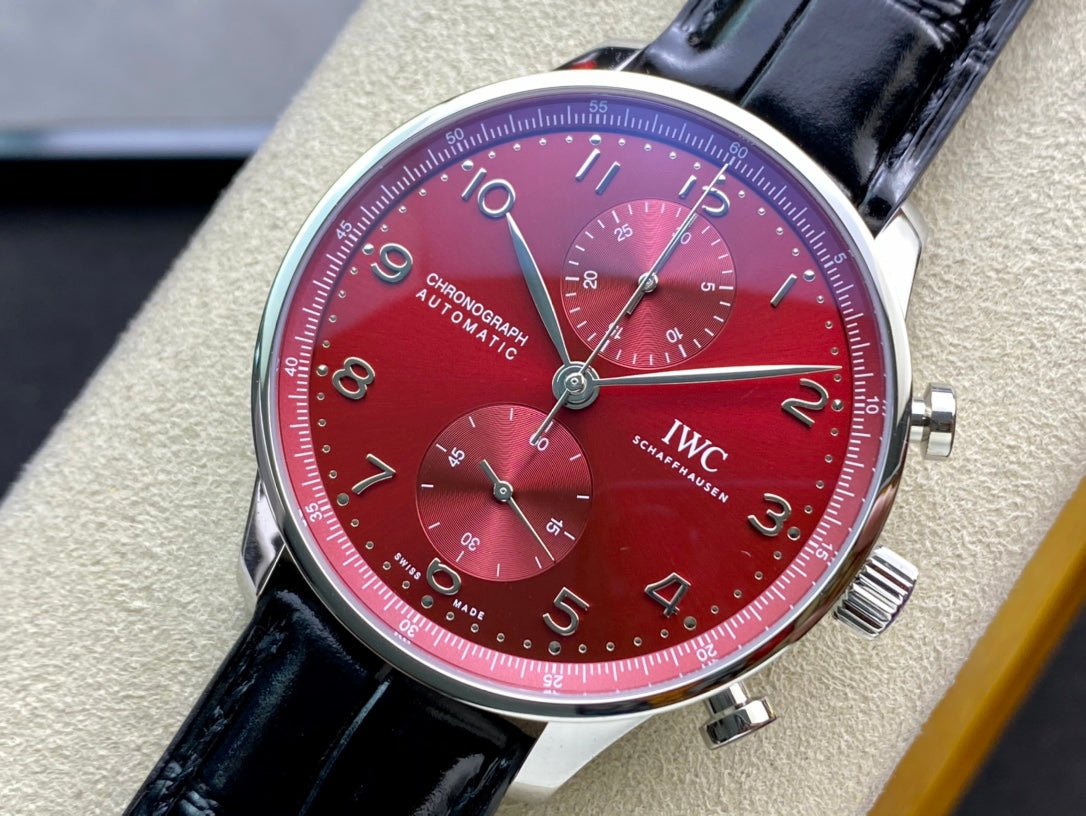 IWC Portuguese 40mm Red Dial Steel Case Black Leather