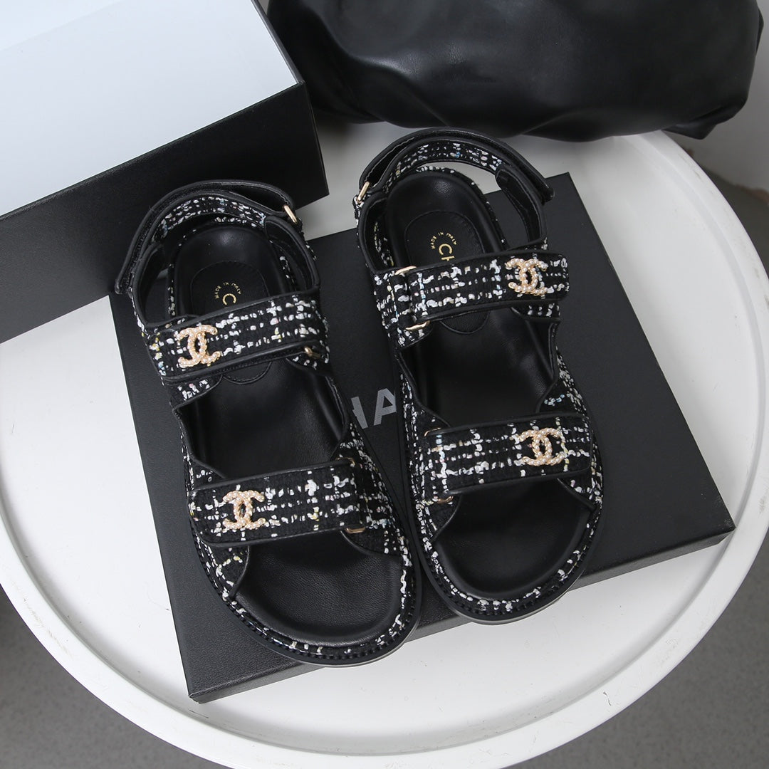 CC 25S Dad Sandal White Black Tweed Calfskin