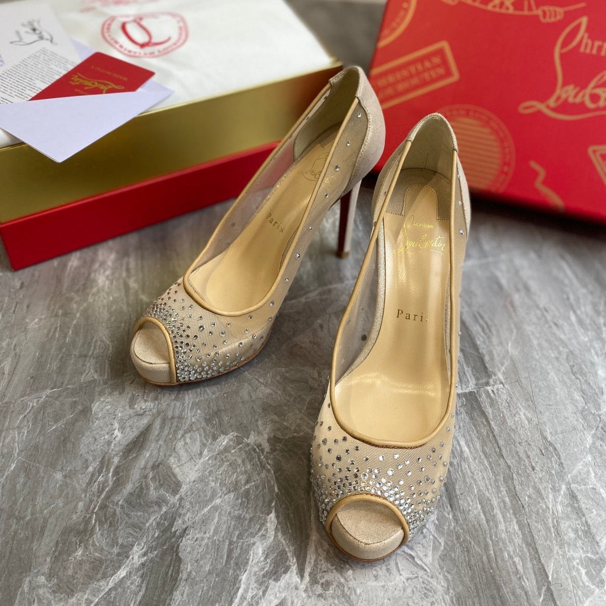CL Very Strass Peep Toe Pumps 120mm Mesh and Leather Gold