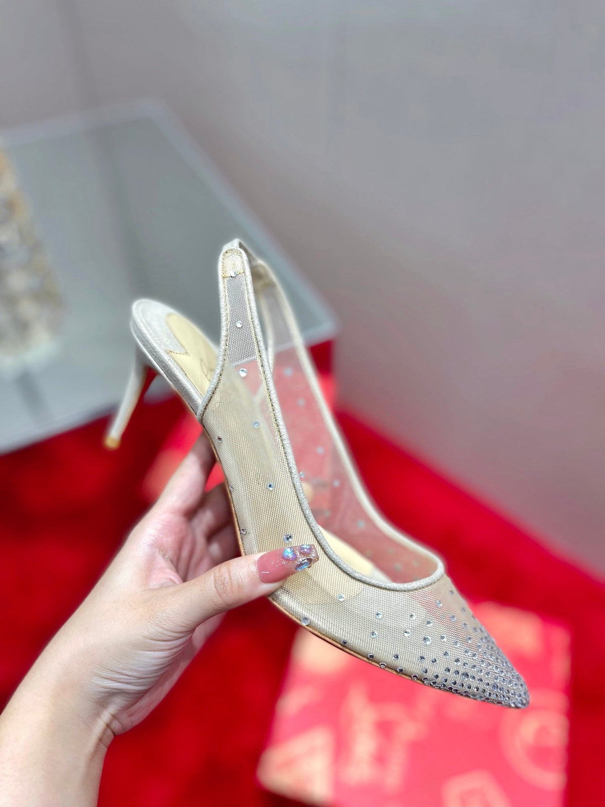 CL Pumps Follies Strass 70mm Fishnet White