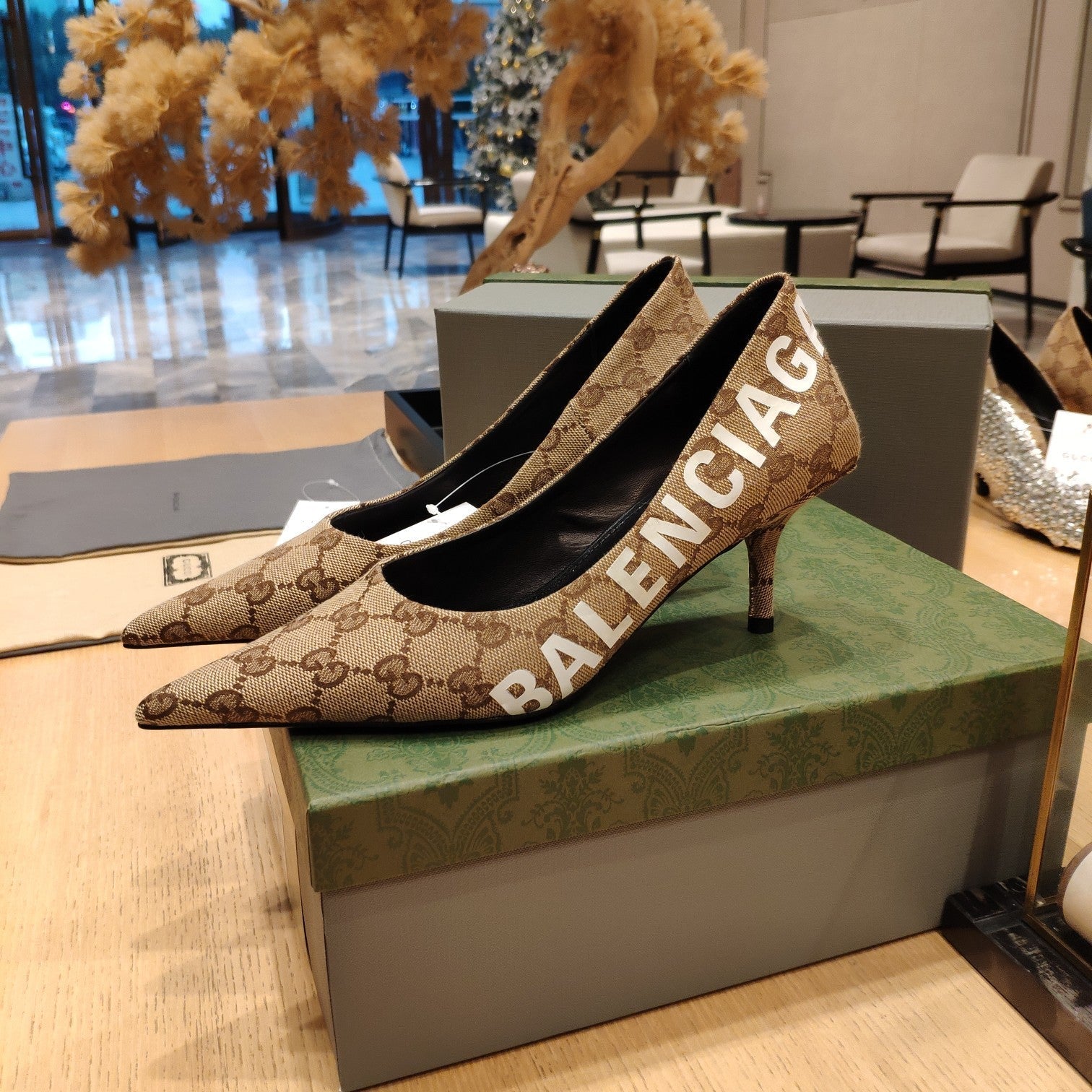 Balenciaga x GC 26s High Heel Pump Brown Beige Monogram Printed Fabric 681308