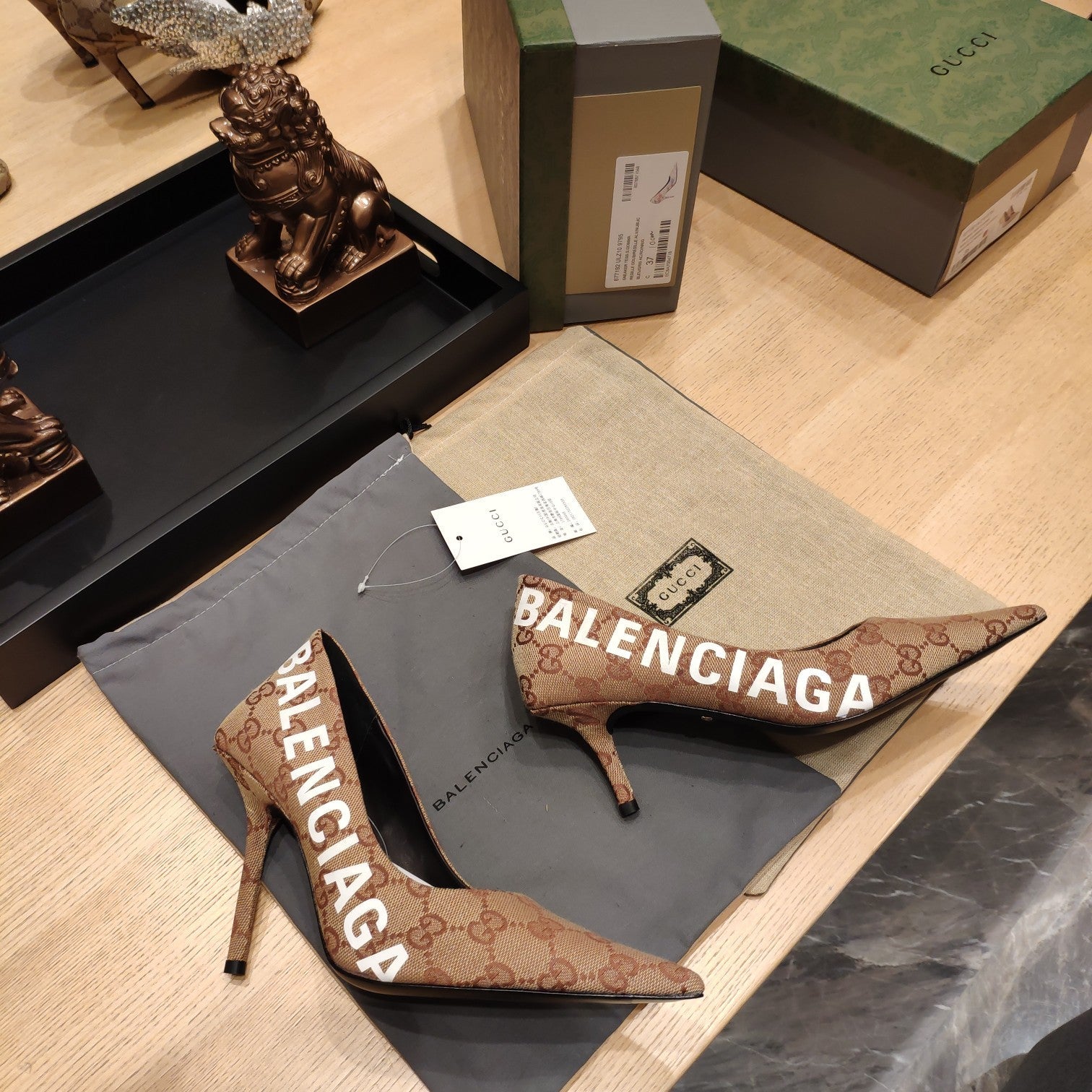 Balenciaga x GC 26s High Heel Pump Brown Monogram Printed Fabric 681309