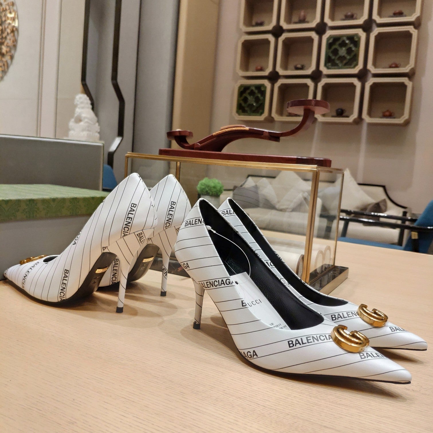 Balenciaga x GC 26s High Heel Pump White Black Sheepskin 681311