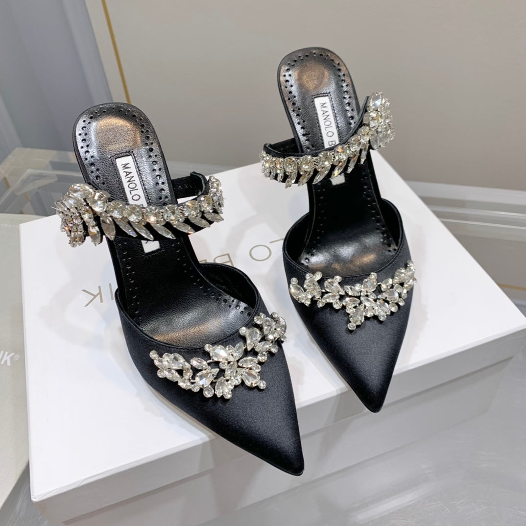 Manolo Mules Crystal Black Silk Satin 219377